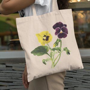 Two Garden Pansies Vintage Watercolor Floral Print Graphic Canvas Tote Bag